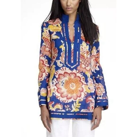 TORY BURCH Blue Wildflower Print Tunic V-Neck Top Blouse 100% cotton 4 - Picture 1 of 10